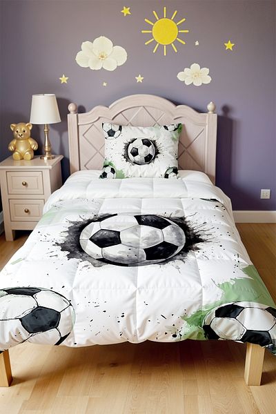 EVPANYA Gray Green Football Balls Patterned Single Duvet and Pillowcase