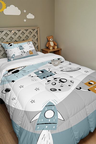 EVPANYA Blue Fun Robot Patterned Single Quilt and Pillowcase