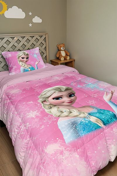 EVPANYA Pink Elsa Patterned Single Quilt and Pillowcase with Snow Crystals