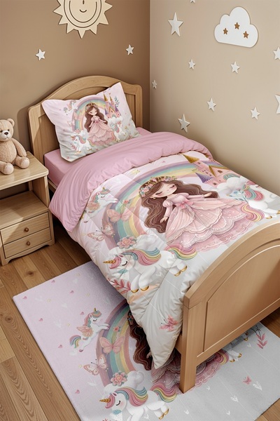 EVPANYA Pembe Gri Unicornlu Prenses Desenli Tek Kişilik Yorgan ve Yastık Kılıfı