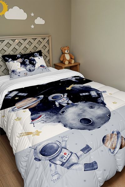 EVPANYA Navy Blue Gray Adventurer Astronaut Patterned Single Quilt and Pillow Case