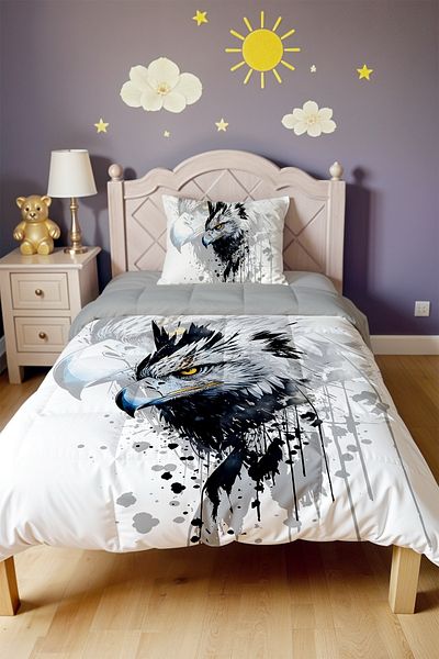 EVPANYA Black and White Eagle Patterned Single Quilt and Pillowcase