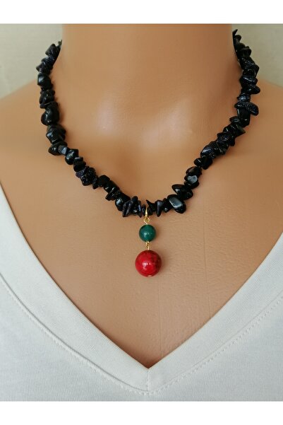 LemaStone Doğal taş kolye; Kırık Yıldız taşı,Yeşil akik ve kırmızı kuvars