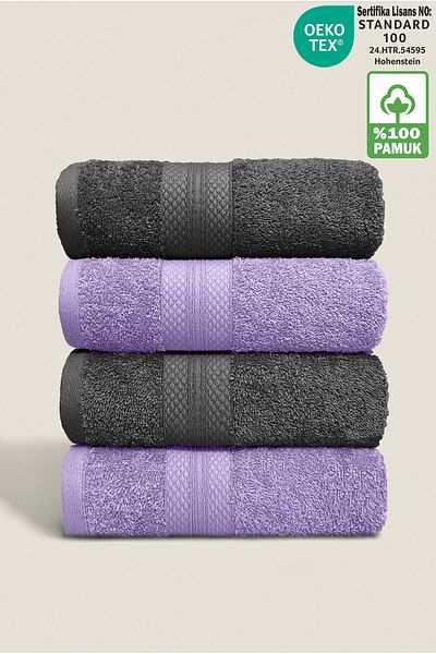 Ellaline 4-Piece Towel Set 100% Cotton Certified, Hand / Face / Kitchen Towel Set Anthracite - Lilac - 50X80Cm