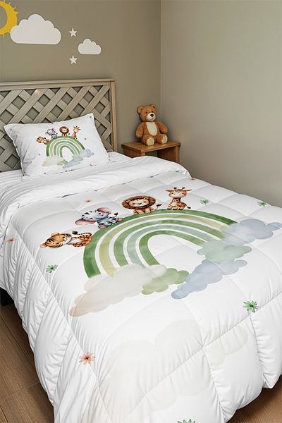 EVPANYA Green Rainbow and Safari Patterned Single Duvet and Pillowcase