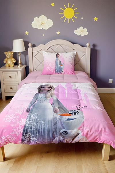 EVPANYA Pink Dream Castle Elsa Patterned Single Quilt and Pillowcase