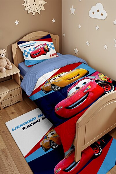 EVPANYA Şeritli Mcquen Desenli Tek Kişilik Yorgan ve Yastık Kılıfı