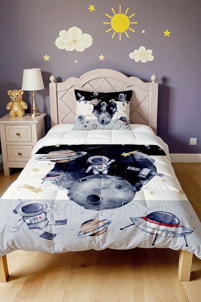 EVPANYA Navy Blue Gray Adventurer Astronaut Patterned Single Quilt and Pillow Case
