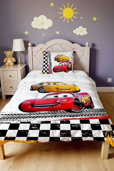 EVPANYA Checkered Mcqueen Patterned Single Quilt and Pillowcase