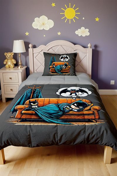 EVPANYA Dreamy Child Betmen Patterned Single Quilt and Pillow Case