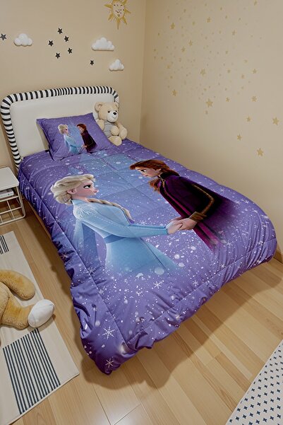 EVPANYA Yağan Karlı Elsa Anna Desenli Tek Kişilik Yorgan ve Yastık Kılıfı