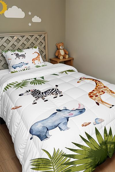 EVPANYA Safari Friends Patterned Single Quilt and Pillowcase