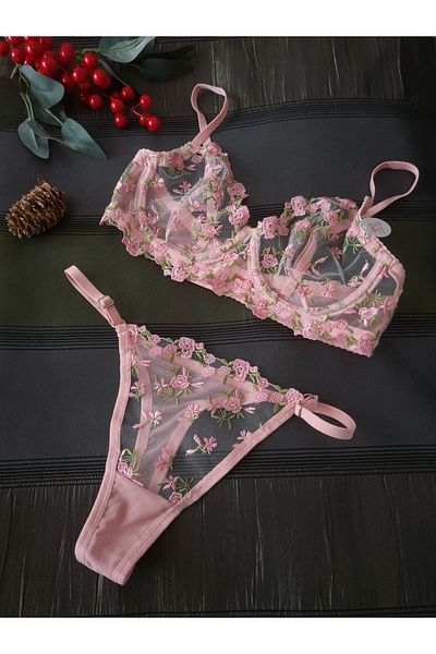 Demirsa Boutique Set bralet cu model crocant din dantelă roz (SUTEN&TANGA)