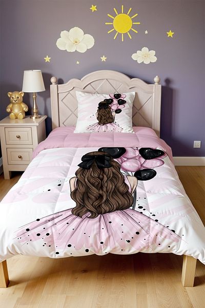 EVPANYA Pink Balloon Girl Patterned Single Quilt and Pillowcase