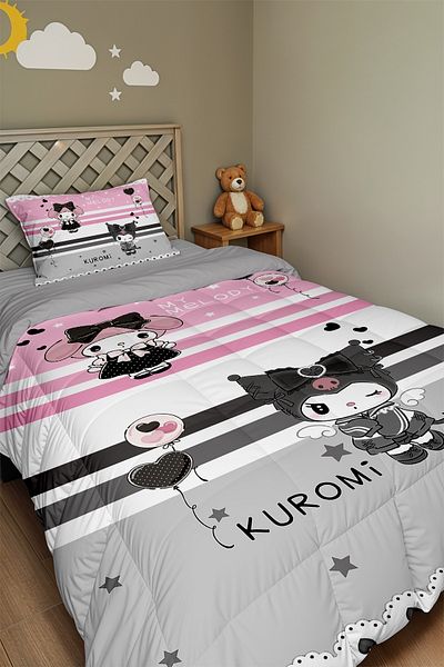 EVPANYA Striped My Melody and Kuromi Patterned Single Quilt and Pillowcase