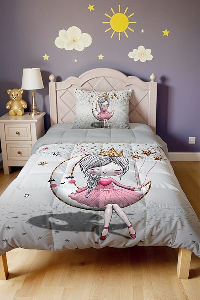EVPANYA 3D Gray Princess Sitting on the Moon Patterned Single Quilt and Pillowcase