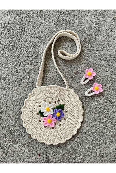 Nevdusha Design El Örgüsü Kız Çocuk Omuz Çantası Ve 2'li Çıtçıt Toka Seti