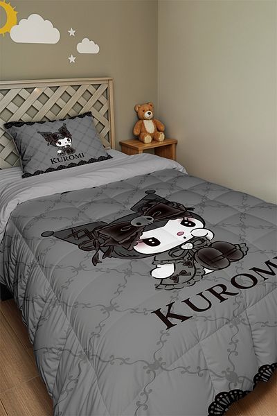 EVPANYA Gray Patterned Shy Kuromi Patterned Single Duvet and Pillowcase