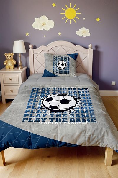 EVPANYA Blue Gray Football League Patterned Single Duvet and Pillowcase
