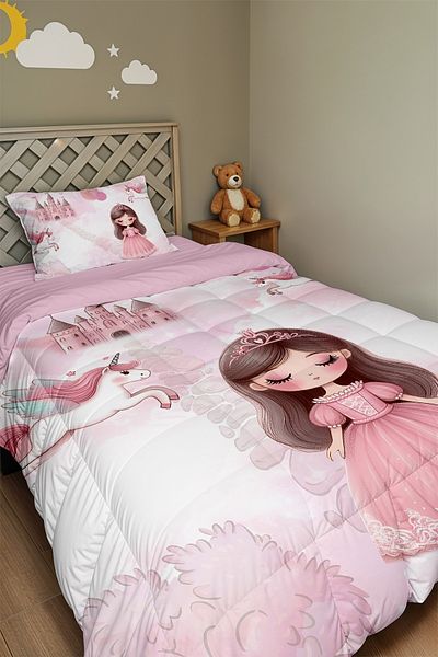 EVPANYA Kaleli Pink Princess Patterned Single Duvet and Pillowcase