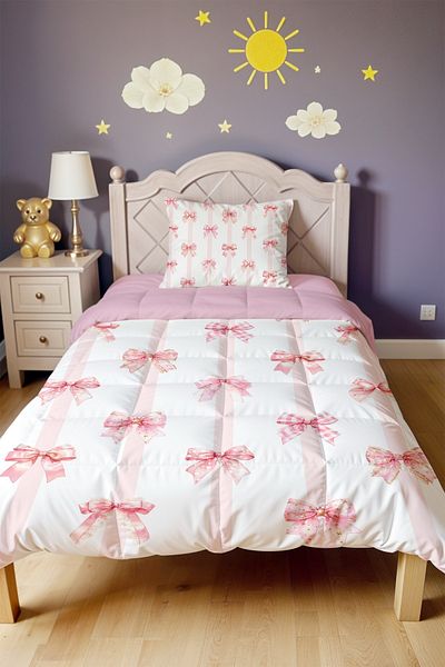 EVPANYA Pink Striped Bows Patterned Single Quilt and Pillowcase