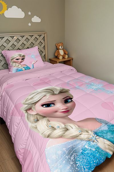 EVPANYA Pink Elsa Patterned Single Quilt and Pillowcase