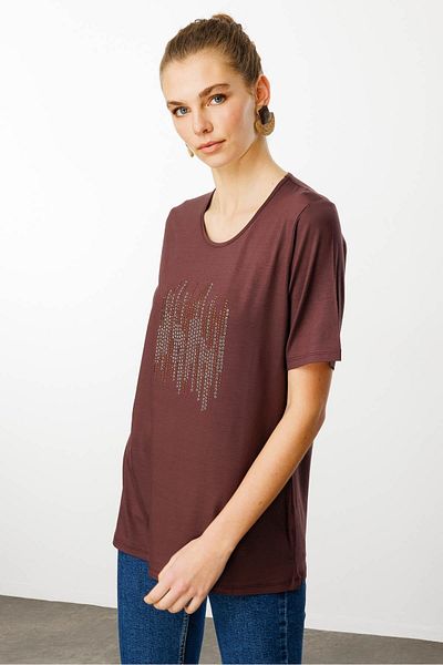 Desen Triko Tricou de damă din bumbac pieptănat cu decolteu în formă de piatră, maro