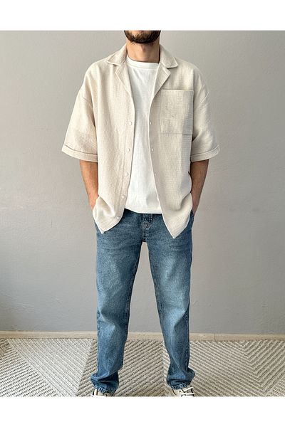 MİRMARONİ New Season Summer Short Sleeve Linen Cotton Textured Single Pocket Men's Shirt.