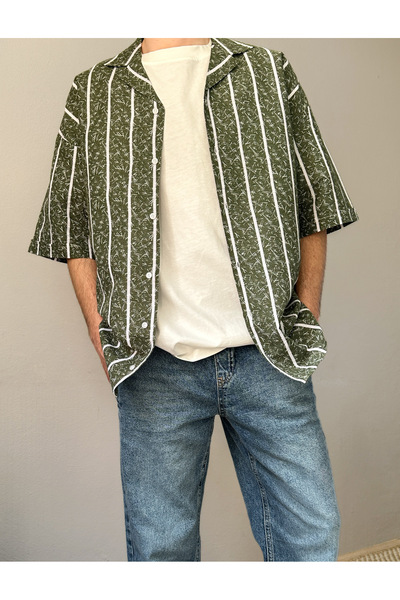 MİRMARONİ New Season Summer Short Sleeve Striped Cotton Linen Men's Shirt