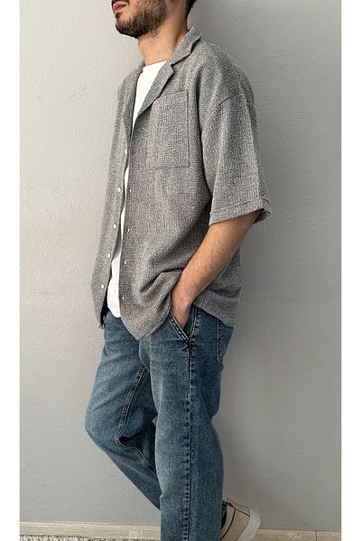 MİRMARONİ New Season Summer Short Sleeve Linen Cotton Textured Single Pocket Men's Shirt.