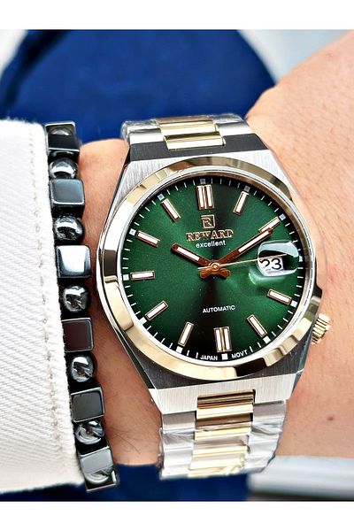 Reward Gold Silver Color Case Cord Steel Automatic Business Men's Wrist Watch + Bracelet
