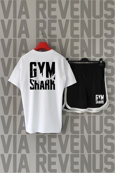 Vordevia Gym Shark μπροστινό και πίσω με στάμπα 100% βαμβακερό μπλουζάκι με λαιμόκοψη και αποκλειστικό σετ αθλητικών σορτς