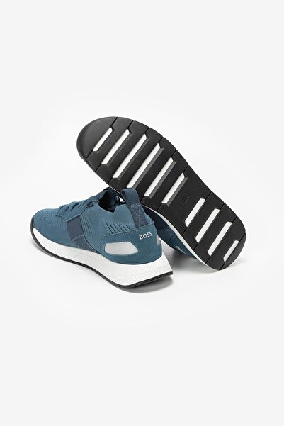 BOSS Erkek Logolu Bağcıklı Deri Mavi Sneaker 50470596-445