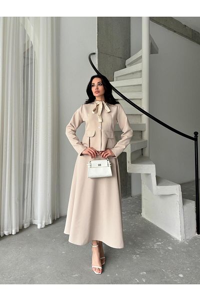 Serica Moda Stone Bow Collar Detailed Burgundy Jacket Skirt Set