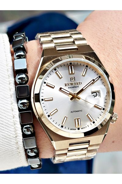 Reward Gold Color Case Cord Steel Automatic Business Men's Wrist Watch + Bracelet