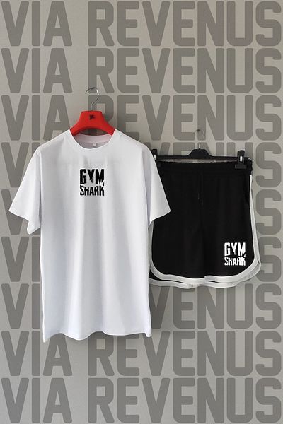 Vordevia Gym Shark μπροστινό και πίσω με στάμπα 100% βαμβακερό μπλουζάκι με λαιμόκοψη και αποκλειστικό σετ αθλητικών σορτς