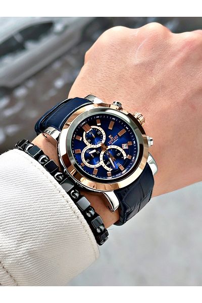 Reward Navy Blue Color Steel Case Function Business Leather Band Men's Wristwatch + Bracelet