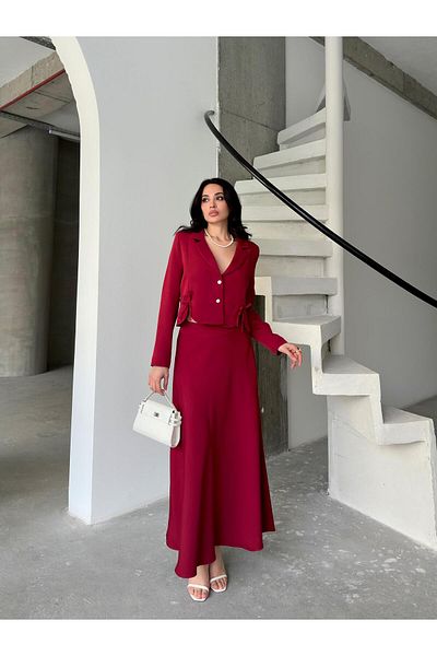 Serica Moda Burgundy Bow Detailed Jacket Skirt Set