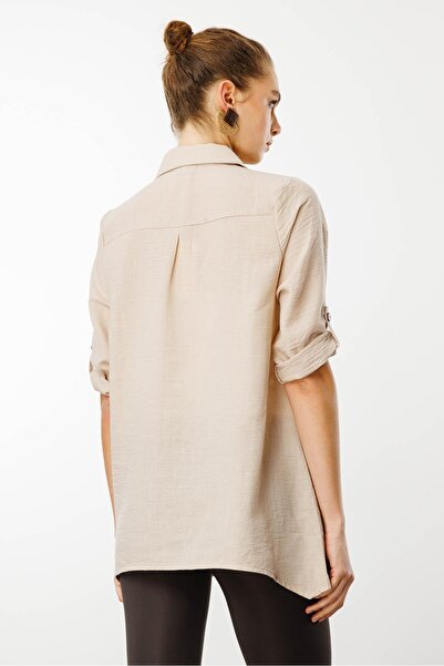 Desen Triko Μπεζ γυναικείο λινό πουκάμισο με τρία τέταρτα μανίκια