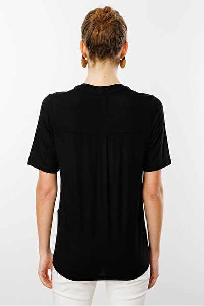 Desen Triko Γυναικείο μαύρο χτενισμένο βαμβακερό μπλουζάκι με κουμπιά γιακά