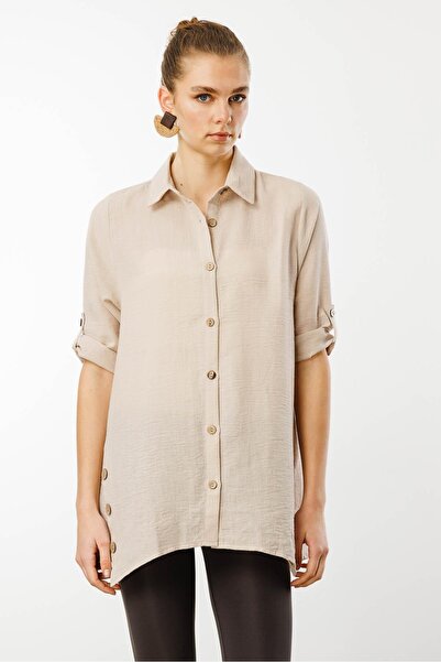 Desen Triko Μπεζ γυναικείο λινό πουκάμισο με τρία τέταρτα μανίκια