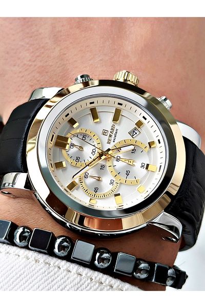 Reward Black Color Steel Case Function Business Leather Band Men's Wristwatch + Bracelet