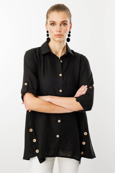Desen Triko Women's Black Three Quarter Sleeve Linen Shirt History