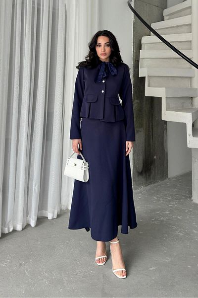 Serica Moda Navy Blue Bow Collar Detailed Burgundy Jacket Skirt Set