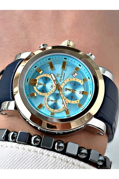 Reward Navy Blue Color Steel Case Function Business Leather Band Men's Wristwatch + Bracelet