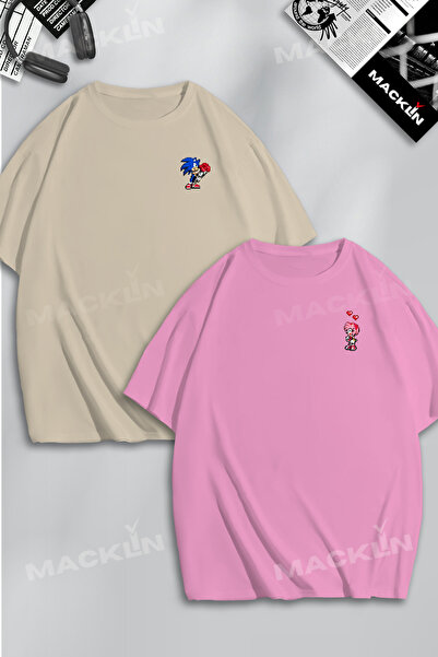 macklin Unisex majica za žene i muškarce Sonic & Amy sa piksel printom Oversi...