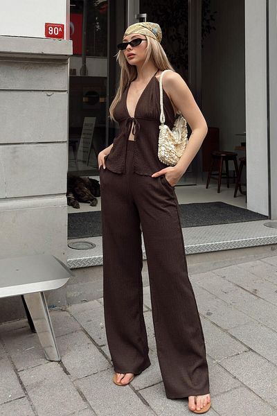 Swist Brown Lacing Detailed Crop-Pants Wrap Women's Top and Bottom Set