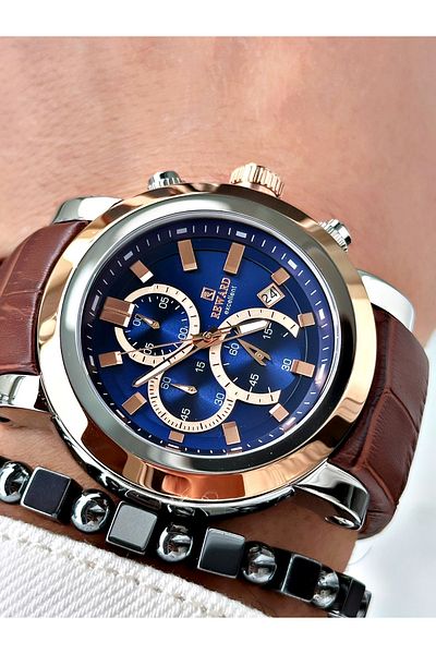 Reward Coffee Color Steel Case Function Business Leather Band Men's Wristwatch + Bracelet