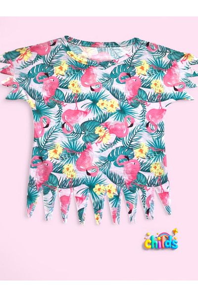 childs Short Sleeve Flamingo Printed Combed Cotton Laser Cut Fringed Girl's T-Shirt Shorts Summer Suit
