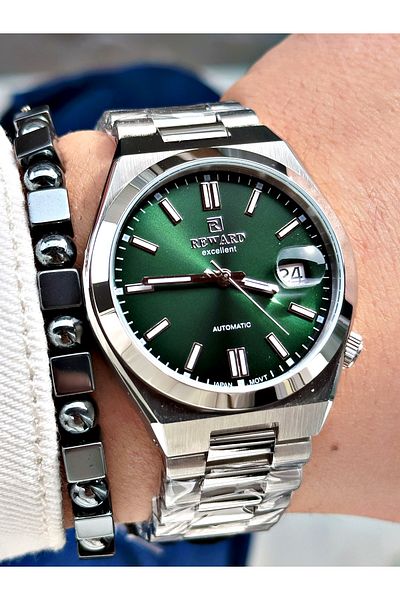 Reward Silver Color Case Cord Steel Automatic Business Men's Wrist Watch + Bracelet